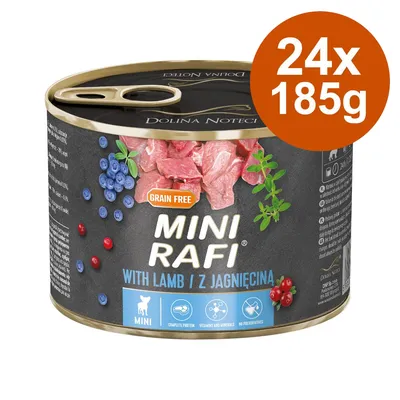 Mini Rafi Nassfutter mit Lamm, Grain Free, 24x185g. Enthält vollständiges Protein, Vitamine und Mineralien, keine Konservierungsstoffe.