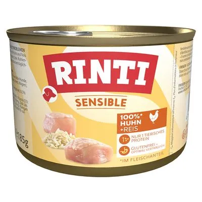 Rinti Sensible 100% Huhn + Reis, 185 g. Alleen dierlijk eiwit, glutenvrij. Blik met afbeelding van kipfilet en rijst. Zichtbare tekst: 'im Fleischanteil'.