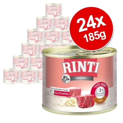 Set 24 conserve Rinti Sensible, 185g fiecare. Text vizibil: 'GLUTENFREI', '100% RIND', '+Reis', 'Für empfindliche Hunde', '1% tierisches Protein'. Imagine carne și orez pe etichetă. Set 24 conserve Rinti Sensible, 185g fiecare. Text vizibil: 'GLUTENFREI', '100% RIND', '+Reis', 'Für empfindliche Hunde', '1% tierisches Protein'. Imagine carne și orez pe etichetă.