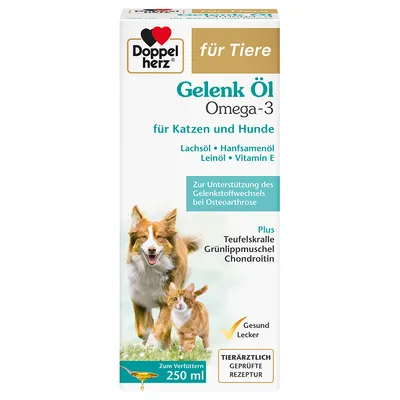 Doppelherz für Tiere Gelenk Öl Omega-3 voor katten en honden, met zalmolie, hennepzaadolie, lijnolie, vitamine E, 250 ml. Tekst in het Duits. Afbeelding van hond en kat op verpakking. Doppelherz für Tiere Gelenk Öl Omega-3 voor katten en honden, met zalmolie, hennepzaadolie, lijnolie, vitamine E, 250 ml. Tekst in het Duits. Afbeelding van hond en kat op verpakking.