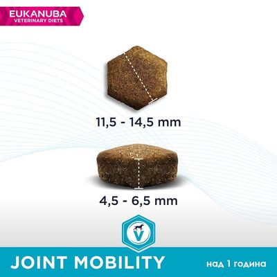 Eukanuba Veterinary Diets. Размери на гранули: 11,5–14,5 мм диаметър, 4,5–6,5 мм височина. JOINT MOBILITY, над 1 година.