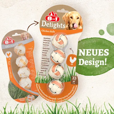 8in1 Delights Chicken Balls XS. Pyszna pierś z kurczaka w środku, długotrwała przyjemność żucia. Nowy design. Odpowiednie dla psów do 5 kg.