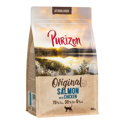 Purizon Sterilised Original Salmon with Chicken, 70 % ryb a masa, 30 % zeleniny, 0 % obilovin, 400 g. Suché krmivo pro kočky.