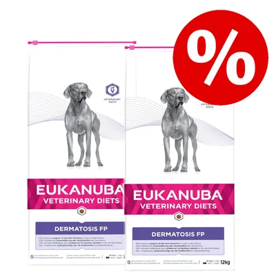 Lot de 2 sacs Eukanuba Veterinary Diets Dermatosis FP 12 kg pour chien, offre spéciale signalée par un symbole pourcentage rouge. Texte visible : soutien de la fonction cutanée en cas de dermatose.