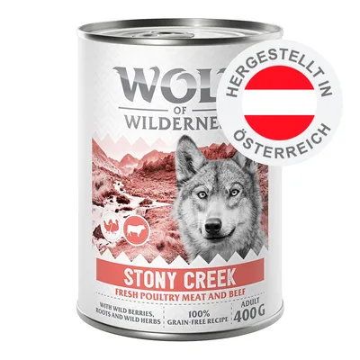 Wolf of Wilderness Stony Creek, fresh poultry meat and beef, 100% grain-free, mit Wildbeeren, Wurzeln und Wildkräutern, hergestellt in Österreich, 400g Dose