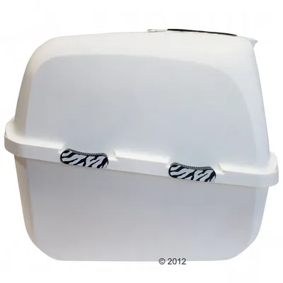 Weisse Transportbox mit Zebra-Muster an den Verschlüssen, geeignet für Haustiere. Rechteckige Form mit abgerundeten Ecken und stabilem Design.