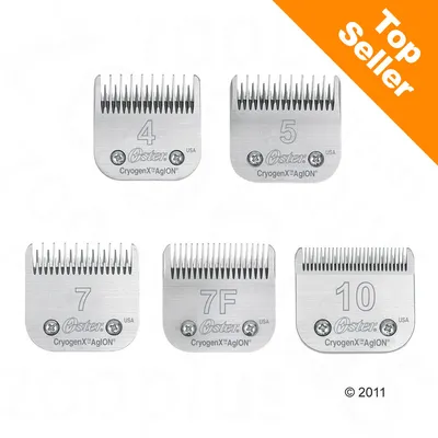 Cinq têtes de coupe Oster CryogenX AgION en métal, tailles visibles : 4, 5, 7, 7F, 10. Inscription Top Seller en haut à droite sur fond orange.