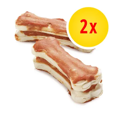 Kaksi puruluuta, joissa ruskea päällyste. Keltainen ympyrä, jossa punaisella teksti '2x'.