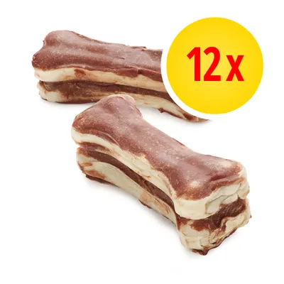 Luunkaltaisia puruluita, ruskea-valkoinen kerrosrakenne. Keltainen ympyrä, jossa punainen teksti '12x' osoittaa pakkauksen määrän.