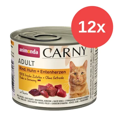 Animonda Carny Adult, Rind, Huhn + Entenherzen, 100% frische Zutaten, ohne Getreide, Made in Germany, mit Taurin. Packung enthält 12 Dosen.
