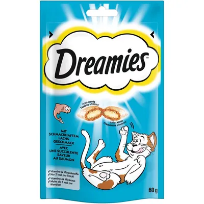 Dreamies mit schmackhaftem Lachs-Geschmack, aussen kross, innen cremig. Vitamine & Mineralstoffe, nur 2 kcal pro Stück. Packungsgrösse: 60g.