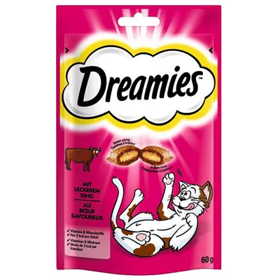 Dreamies con sabroso buey, exterior crujiente, interior cremoso. Contiene vitaminas y minerales, menos de 2 kcal por unidad. Tamaño del paquete: 60 g.