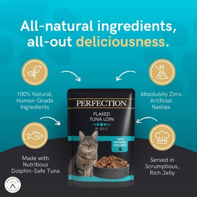 Flaked tuna loin in jelly with 100% natural, human-grade ingredients, zero artificial nasties, made with dolphin-safe tuna, served in rich jelly. All-natural ingredients highlighted.