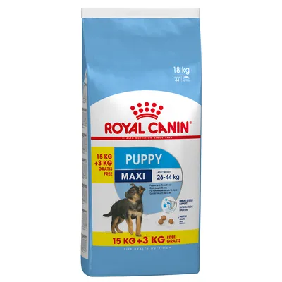 Zak Royal Canin Puppy Maxi, 18 kg, voor volwassen gewicht 26–44 kg, 15 kg + 3 kg gratis. Afbeelding van puppy en brokjes op de verpakking.