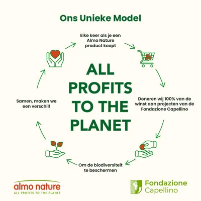 Almo Nature: Alle winsten gaan naar milieuprojecten van de Fondazione Capellino om de biodiversiteit te beschermen. Model: Elke aankoop ondersteunt de planeet.