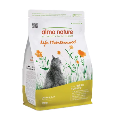 Almo Nature Functional Life Maintenance pulyka & rizs száraz eledel friss pulykával, 2 kg. Csomagolás macskát és virágmintát ábrázol.