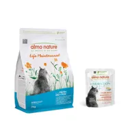 Croquettes Almo Nature 2 kg + sachets 6 x 50 g offerts ! - Functional Life Maintenance Poisson gras et riz + bouillon de poulet avec filet de poulet