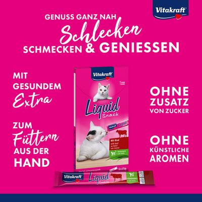 Vitakraft Liquid Snack mit Rind und Katzengras, ohne Farb- und Konservierungsstoffe, Low Calorie, Packung mit 6 x 15g.