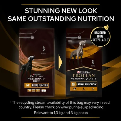 Comparison of old and new Purina Pro Plan Veterinary Diets NF Renal Function packaging, highlighting a new recyclable design with the same nutrition. Applies to 1.3 kg and 3 kg packs.