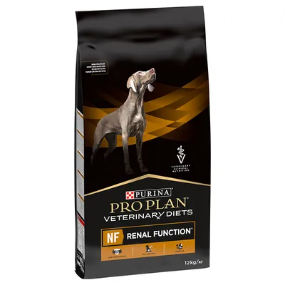 Purina Pro Plan Veterinary Diets NF Renal Function, 12 kg. Koirille, joissa matala fosforipitoisuus, Opti-Protein ja Omega-3. Pakkauksessa koira ja eläinlääkärisymboli.