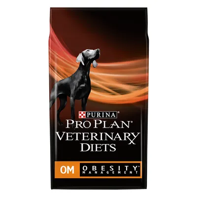 Sac hrană pentru câini Purina Pro Plan Veterinary Diets OM Obesity Management, imagine cu un câine și text vizibil pe ambalaj.