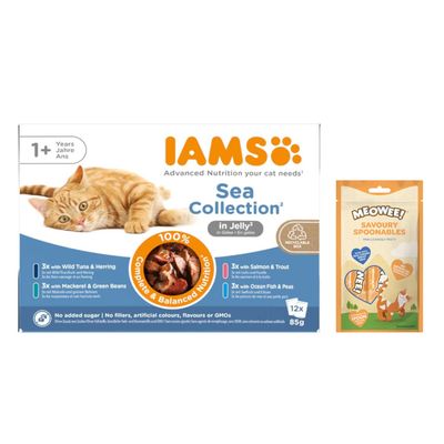 12 x 85 g IAMS Advanced Nutrition + 8 x 14 g Meowee! Savoury Spoonables gratis!