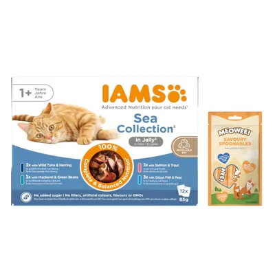 12 x 85 g IAMS Advanced Nutrition + 8 x 14 g Meowee! Savoury Spoonables gratis! - Adult Sea Mix in Gelee