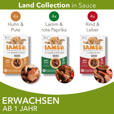 IAMS Land Collection i sås: 4x kyckling & kalkon, 4x lamm & röd paprika, 4x nötkött & lever. För vuxna katter från 1 år. 99 % animaliskt protein, utan tillsatt socker.