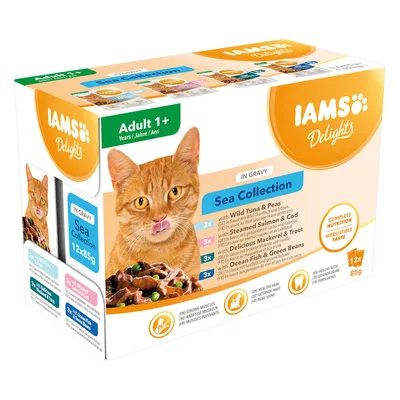 IAMS Delights Adult 1+ Sea Collection kattemad, 12x85g. Indeholder: 3x Wild Tuna & Peas, 3x Steamed Salmon & Cod, 3x Mackerel & Trout, 3x Ocean Fish & Green Beans. In Gravy.