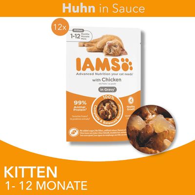 IAMS Kitten Huhn in Sauce, 12x Portionsbeutel, für Kätzchen 1-12 Monate, 99% tierisches Protein, ausgewogene Ernährung, gesunde Entwicklung.