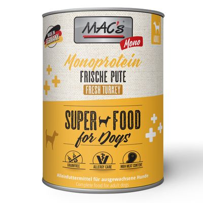 MAC's Super Food for Dogs, monoprotein fresh turkey. Made in Germany, grain-free, allergy care, 93% turkey. Complete food for adult dogs.