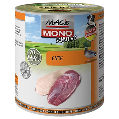 MAC's MONO Sensitive Ente, 70% Fleischanteil, Getreidefrei, Made in Germany, bez soji i barwników. Widoczne kawałki mięsa z kaczki na opakowaniu.
