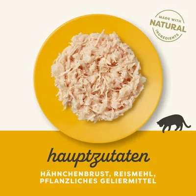 Hauptzutaten: Hähnchenbrust, Reismehl, pflanzliches Geliermittel. Made with natural ingredients. Abbildung einer gelben Schale mit zerkleinertem Hähnchenfleisch.