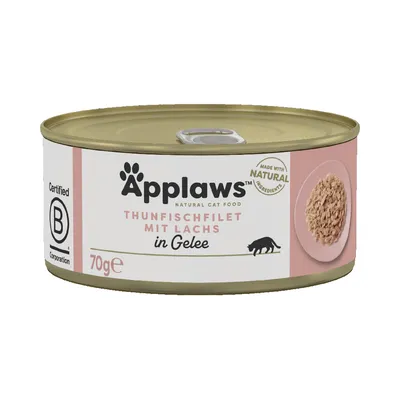 Applaws filetto di tonno con salmone in gelatina, 70g. Certificato da B Corporation. Realizzato con ingredienti naturali.
