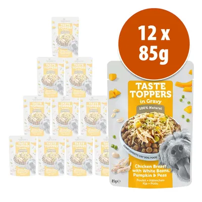 Pack de 12 sobres de 85 g Applaws Taste Toppers in Gravy, pechuga de pollo con alubias blancas, calabaza y guisantes. Texto visible: 100% natural. Imagen de comida para perros en el envase.