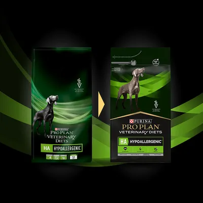 PURINA PRO PLAN VETERINARY DIETS HA HYPOALLERGENIC kutyatáp két csomagolásváltozata, zöld-fekete háttérrel, nagytestű kutya képe és látható márkanév a csomagokon.