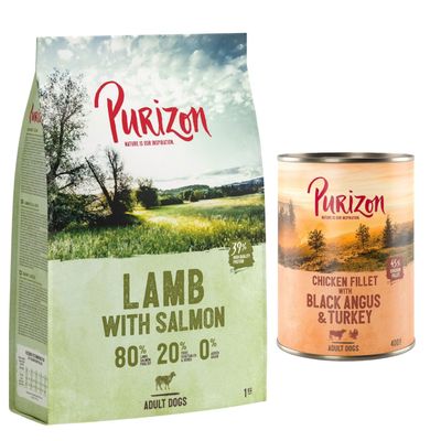 Lot mixte : croquettes Purizon 400g / 1kg + boîte 1 kg Adult agneau, saumon + boîte Black Angus