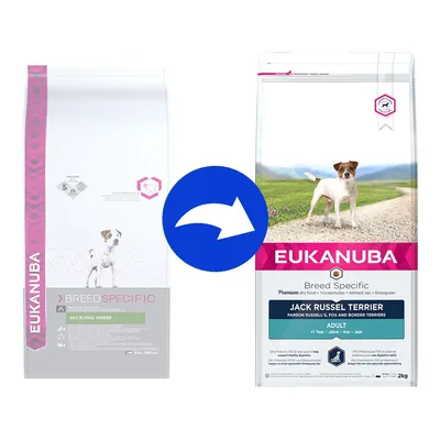 Confronto tra vecchio e nuovo packaging Eukanuba Breed Specific Jack Russel Terrier Adult, sacchi da 2 kg con immagine di cane e testo visibile sul fronte.