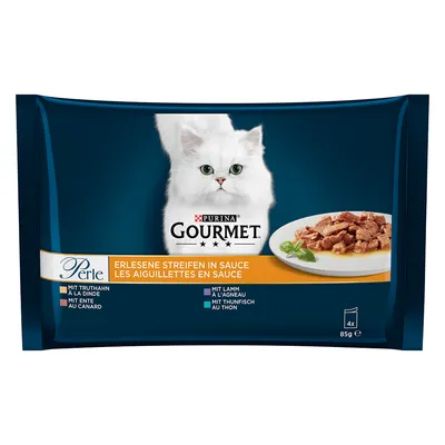 Purina Gourmet Perle, wykwintne paski w sosie, 4 x 85 g. Widoczne smaki: indyk, kaczka, jagnięcina, tuńczyk. Opakowanie z białym kotem i talerzem karmy.