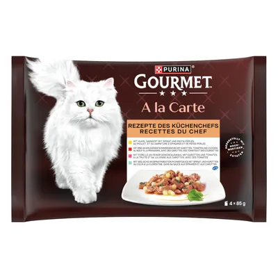 PURINA Gourmet A la Carte Kokkien reseptit, 4 x 85 g. Sisältää kanaa, pinaattia, pastapalleroita; nautaa, herneitä, tomaattia, kesäkurpitsaa; taimenta, porkkanaa; seitiä, pinaattia, porkkanaa. PURINA Gourmet A la Carte Kokkien reseptit, 4 x 85 g. Sisältää kanaa, pinaattia, pastapalleroita; nautaa, herneitä, tomaattia, kesäkurpitsaa; taimenta, porkkanaa; seitiä, pinaattia, porkkanaa.