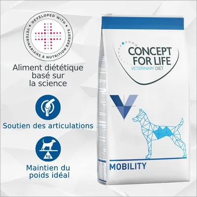 Concept for Life Veterinary Diet Mobility, aliment diététique pour chien. Texte : Aliment diététique basé sur la science, soutien des articulations, maintien du poids idéal.