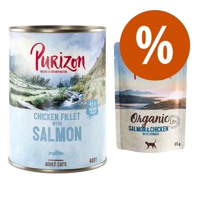 Purizon Chicken Fillet with Salmon 400g blik en Purizon Organic Salmon & Chicken with Spinach 85g zakje, beide voor volwassen katten. Groot oranje procentteken zichtbaar.