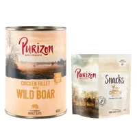 Purizon Kombi-Paket: Adult Nassfutter + Snack - 24 x 400 g Hühnerfilet mit Wildschwein + 3 x 40 g Huhn mit Fisch