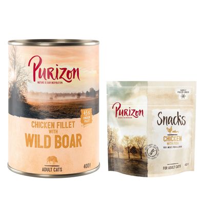 Purizon Kombi-Paket: Adult Nassfutter + Snack 24 x 400 g Hühnerfilet mit Wildschwein + 3 x 40 g Huhn mit Fisch