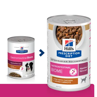 Hill's Prescription Diet Gastrointestinal Biome -koiranruokapurkit, vanha ja uusi pakkaus. Uudessa etiketissä teksti: stew with chicken & added carrots, digestive/fibre care.