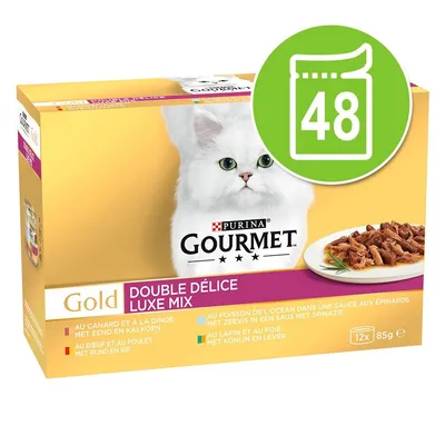 Purina Gourmet Gold Double Délice Luxe Mix, 48 опаковки. Кутия с изображение на бяла котка и порция храна. Варианти: патешко, телешко, заек, риба, пиле, пуешко, дроб.