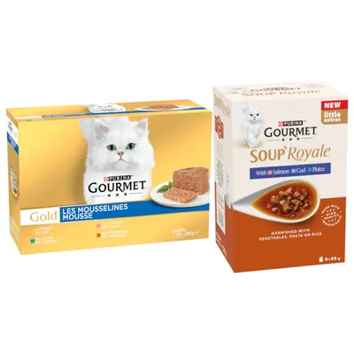 48x45 g gratis! 96 x 85 g Gourmet Gold + gratis 48x45 g Gourmet Soup Royal hrană umedă pisici - Gold 96 x 85 g Mousse: iepure, pui, somon, rinichi + Soup Royale Selecție de pește 48 x 45 g 48x45 g gratis! 96 x 85 g Gourmet Gold + gratis 48x45 g Gourmet Soup Royal hrană umedă pisici - Gold 96 x 85 g Mousse: iepure, pui, somon, rinichi + Soup Royale Selecție de pește 48 x 45 g