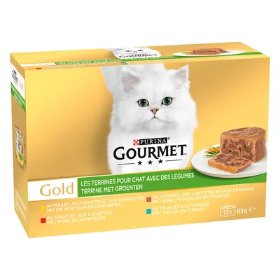 Purina Gourmet Gold Terrinen für Katzen mit Gemüse. Sorten: Huhn, Rind, Ente, Thunfisch. Packung enthält 12x85g.
