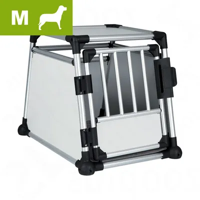 Kovová přepravní klec pro psy, velikost M, stříbrná konstrukce s černými plastovými rohy a mřížovanými dvířky. Kovová přepravní klec pro psy, velikost M, stříbrná konstrukce s černými plastovými rohy a mřížovanými dvířky.