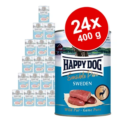 Happy Dog Sensible Pure Sweden Wild Pur Game Pure våtfoder, 24 x 400 g burkar synliga. Stor röd cirkel med texten '24x 400 g'. Bild på kött och hjortsymbol på förpackningen.